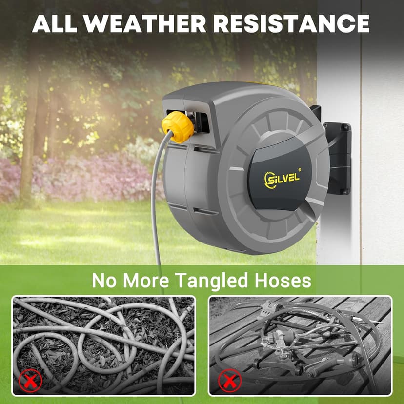 SILVEL Retractable Garden Hose Reel, 1/2 in x 110 ft Wall Mounted Garden Hose Reel, with 10 Pattern Nozzle, Any Length Lock, Slow Return System, 180°Swivel Bracket