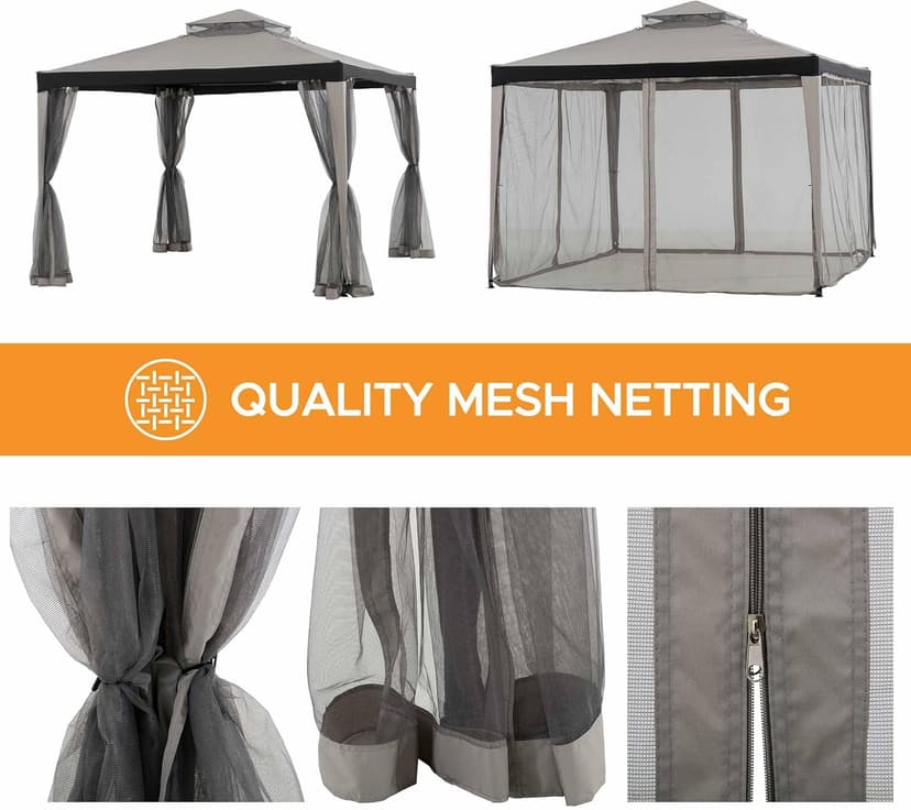 Sunjoy 10 x 10 ft. Soft Top Gazebo, Outdoor Patio Backyard Modern Grey 2-Tier Steel Frame Gazebo with Mesh Netting
