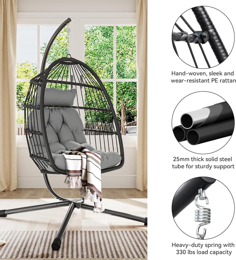 YITAHOME Hanging Egg Swing Chair with Stand Egg Chair Wicker Indoor Outdoor Hammock Egg Chair with Cushions 330lbs for Patio, Bedroom, Garden and Balcony, Dark Gray(Stand Included)