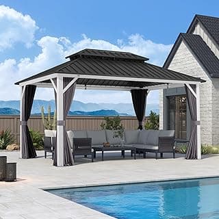PURPLE LEAF 10' X 14' Hardtop Gazebo Metal Double Roof White Aluminum Frame Outdoor Heavy Duty Carport with Curtain and Netting for Patio, Garden and Backyard, Grey