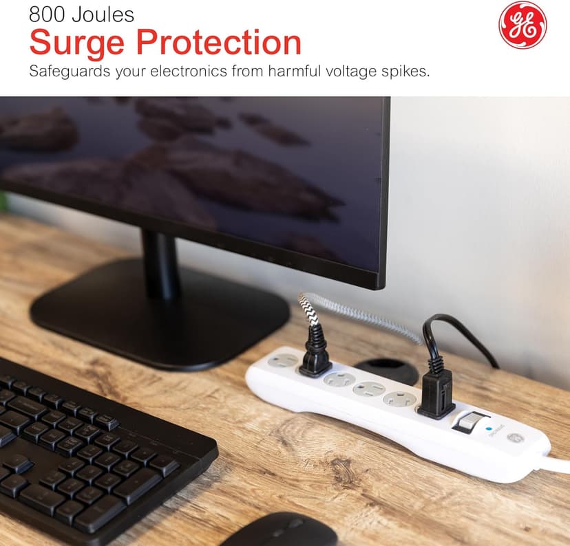 GE 6-Outlet Surge Protector, 20 Ft Extension Cord, Power Strip, 800 Joules, Flat Plug, Twist-to-Close Safety Covers, Protected Indicator Light, UL Listed, White, 50770