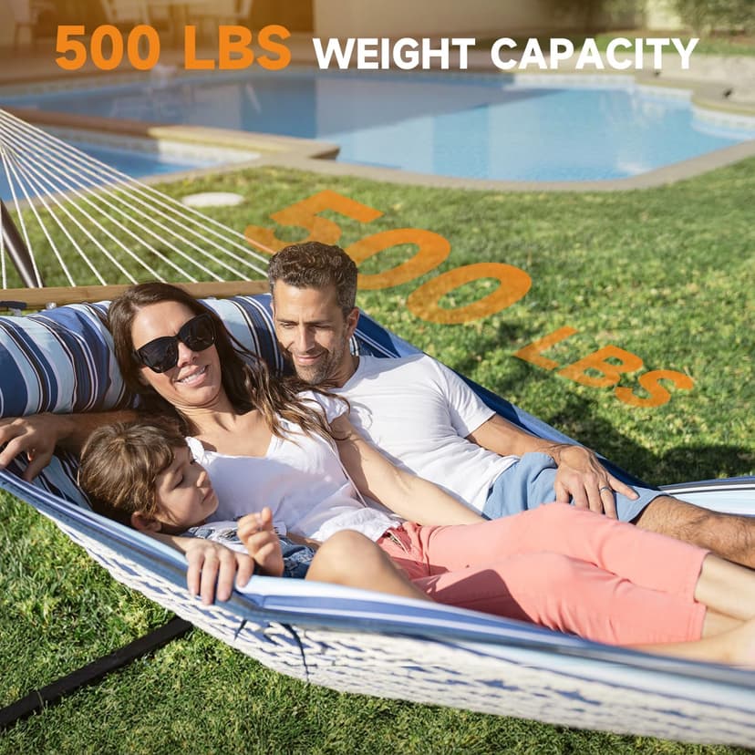 Double Hammock with Stand, 2 Person Cotton Rope Hammock with Removable Polyester Pad, 500LBS Capacity, Portable & Adjustable Design, Includes Storage Bag, Indoor Outdoor Use,Blue