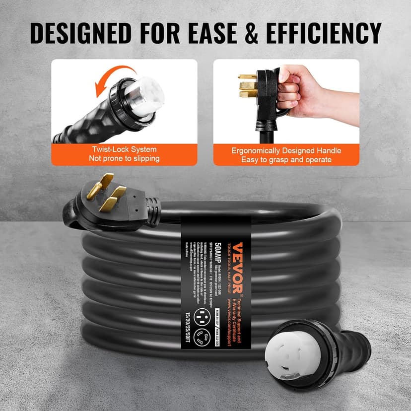 VEVOR 50 Amp Generator Cord and Power Inlet Box Kit, 25FT Generator Extension Cord NEMA 14-50P/SS2-50R STW 6/3+8/1 AWG with Twist Lock Connector, Pre-Drilled Inlet Box, ETL Listed