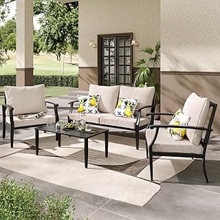 4 Pieces Patio Furniture Set w/loveseat,Coffe Table,Outdoor Conversation Metal Sofa with High Back and Thick Cushion,for Backyard,Garden,Beige