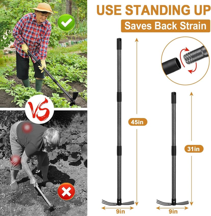Garden Hoe Tool, 2-in-1 Heavy Duty Dual-Head Weeding Tool, 45" Adjustable Long Handle Cultivator for Weeding, Tilling, Lawn Yard Flower Bed Gardening Tool