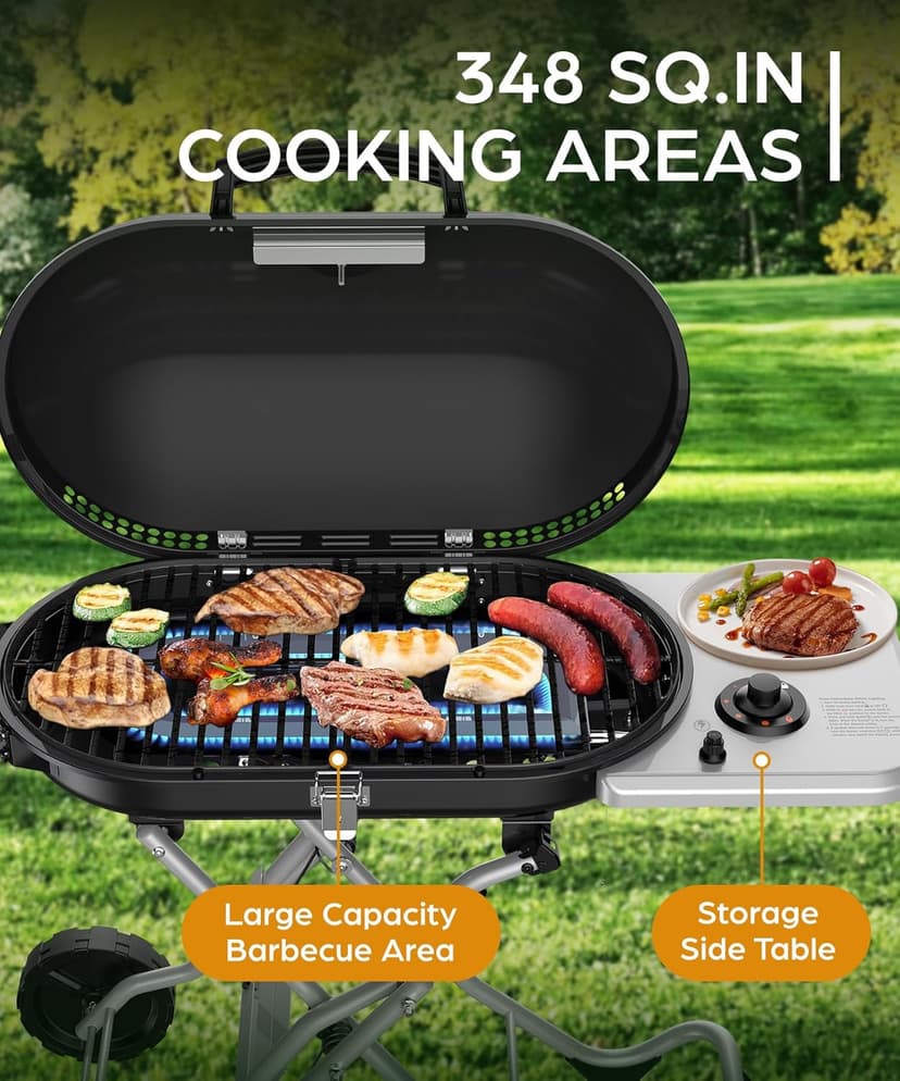 Joy Pebble Portable Propane Gas Grill, 15000BTUS,BBQ Gas Grill with 348 SQ Inch Large Cooking Areas, Sturdy Quick-Fold Legs, Portable & Foldable BBQ Grill for Outdoor Camping/Tailgating/Picnic, Black