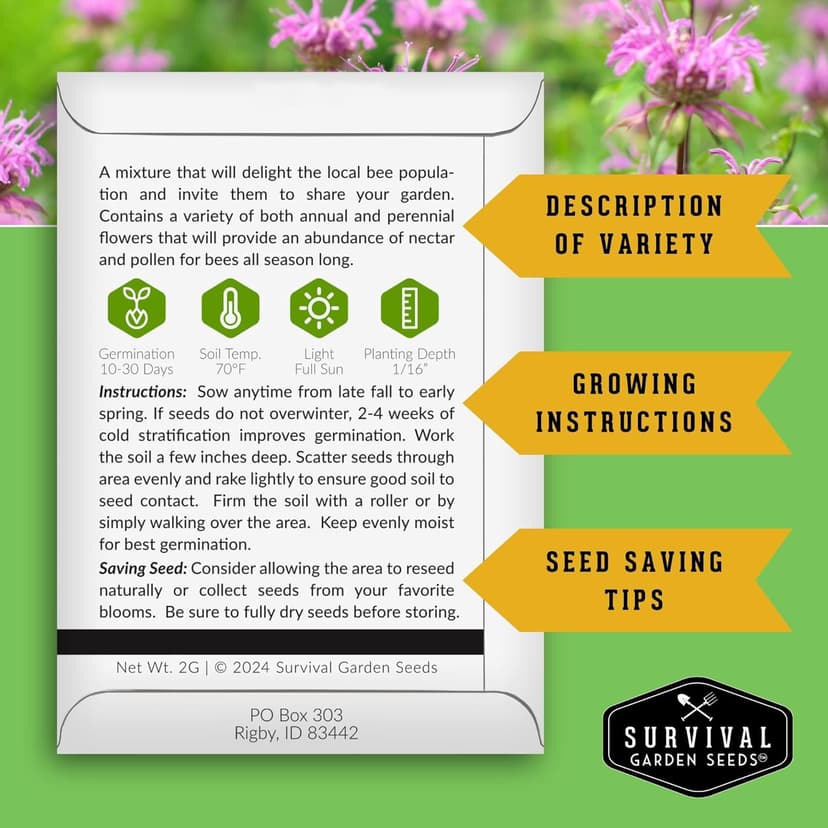 1 Pack Bee Pollinator Mix Seed for Planting - Packet with Instructions to Grow Annual & Perennial Flowers to Feed Bees in Your Home Garden - Non-GMO Heirloom Varieties - Survival Garden Seeds