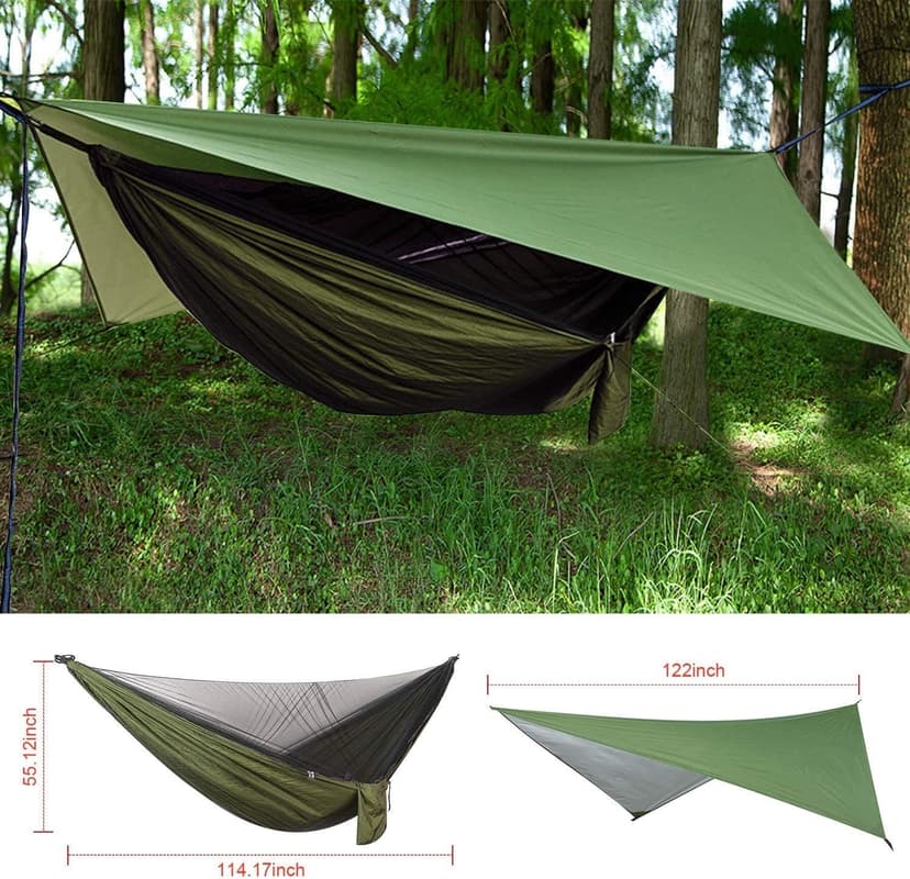 Camping Hammock with Rain Fly Tarp and Mosquito Net Portable Single Double Hammock Tent with Tree Strap Backpacking Hammock with Rain Cover for Hiking Travel Yard Activities Green