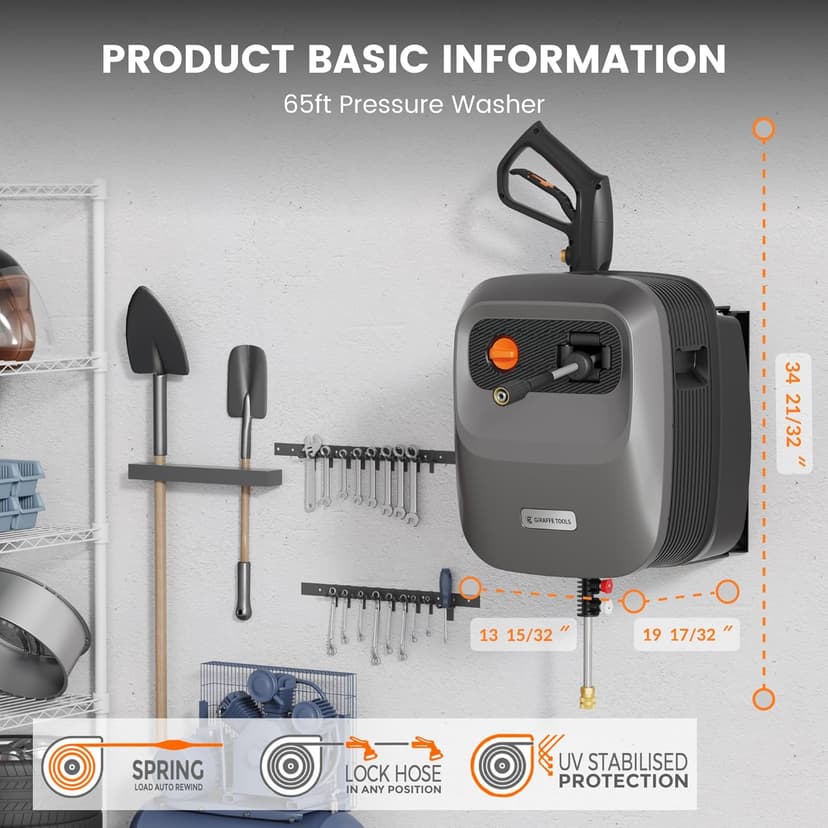 Giraffe Tools Grandfalls Pressure Washer G20 Pro, 2500 PSI 2.2 GPM, Wall Mounted Power Washer with 65FT Hose Reel, Ultra-Soft Pressure Hoses, 4 Nozzles for Floor/Cars/Fences/Patios, Dark Silver