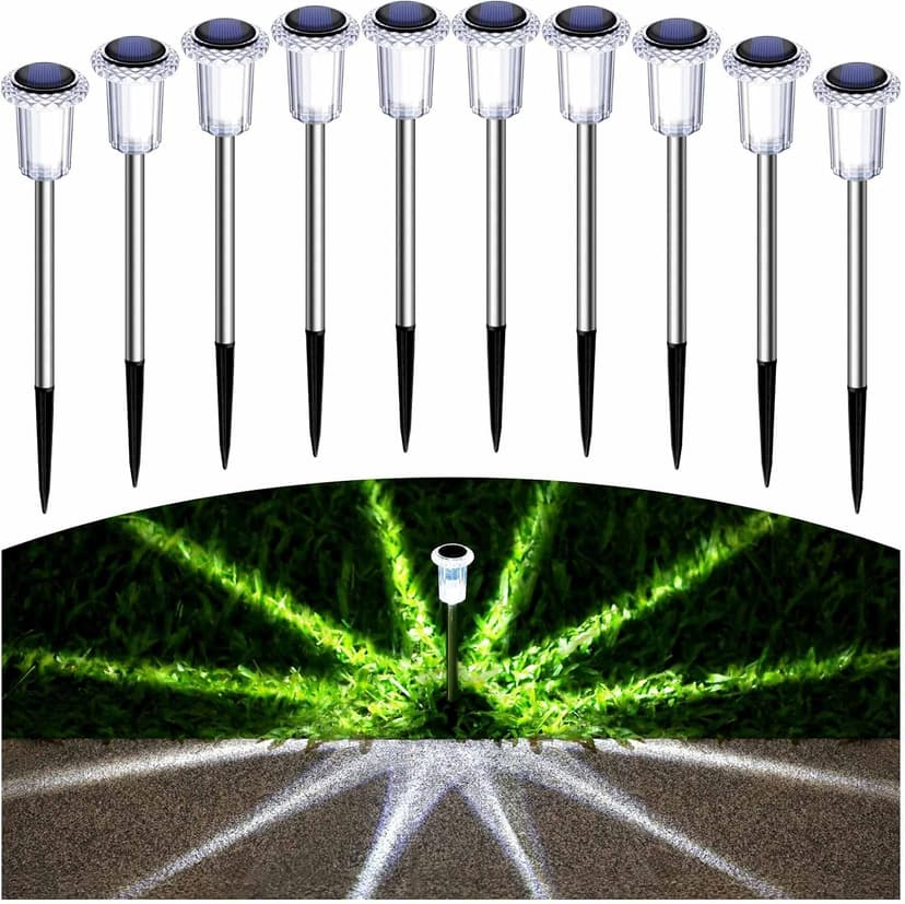 Solar Pathway Lights 10 Pack Solar Outdoor Lights, Led Waterproof Yard Walkway Lighting Stainless Steel Garden Stake for Outside, Path, Landscape, Lawn, Driveway, Backyard(Cold White)