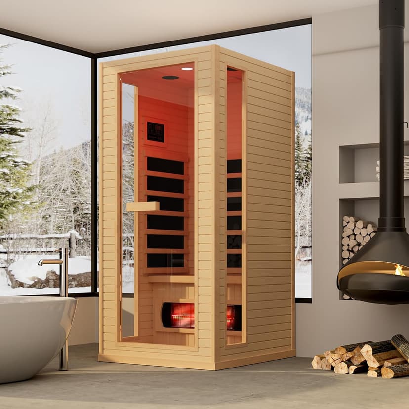 1 Person Infrared Sauna, Full Spectrum Roomy Sauna for Home, Indoor Dry Sauna with Rapid Heating 4 Carbon Panels&1 Carbon Tube, Bluetooth and 7 Color Therapy Lights, 110V