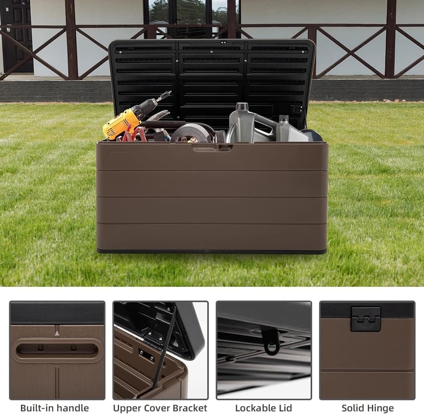 100 Gallon Elegant Pro Edition Lockable Resin Deck Box, Waterproof & UV-Resistant Outdoor Storage Box for Outdoor Cushion Storage, Tools Storage and Outdoor Delivery, Coffee