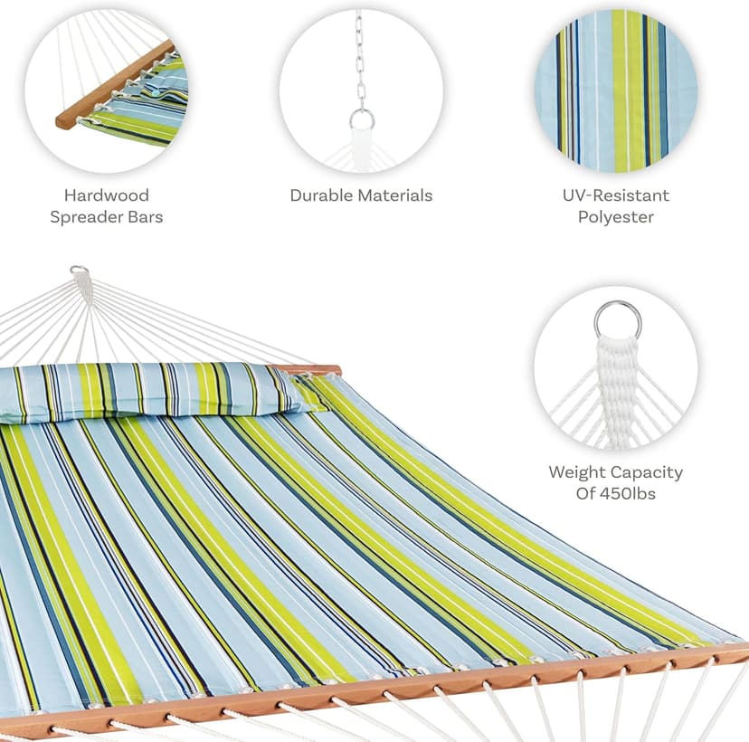 Sunnydaze Quilted Outdoor Hammock with Spreader Bars - Heavy-Duty 450-Pound Capacity Double Hammock for Outside - Blue and Green