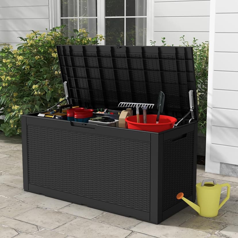 100 Gallon Waterproof Deck Box, Resin Outside Storage Box, Large Outdoor Storage Bin for Patio Furniture Cushions, Pool Supplies, Garden Tools, Weatherproof, Black