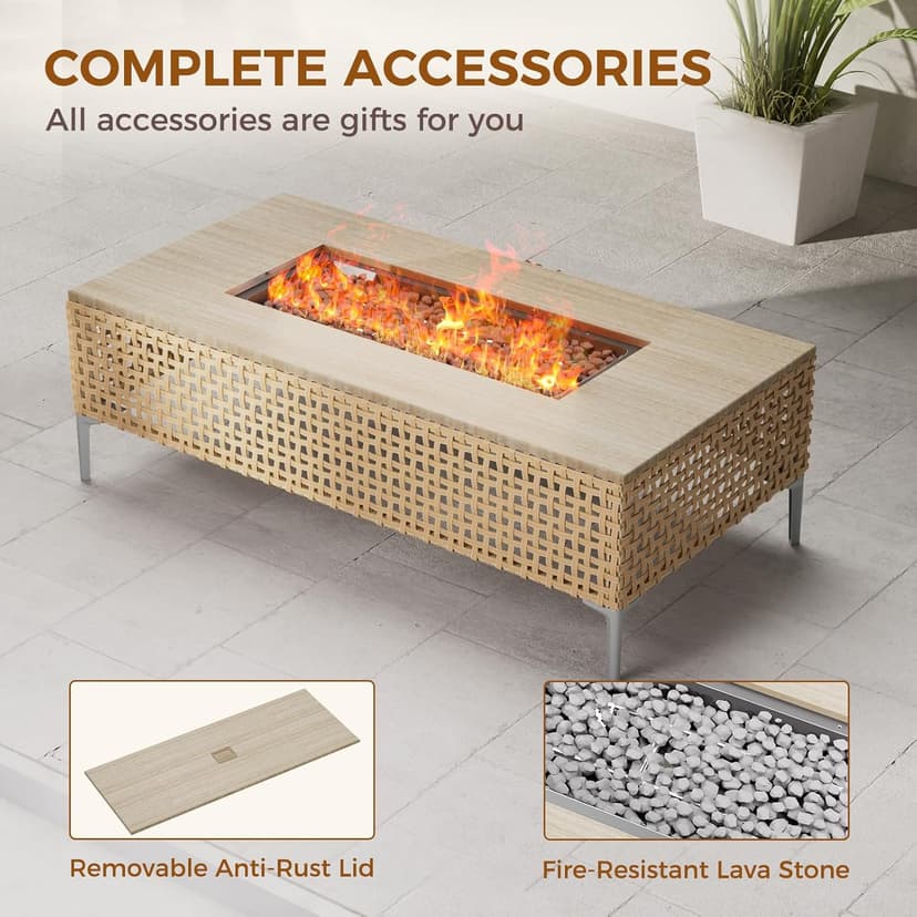 Grand patio 9-Piece Patio Furniture Set with 47" Fire Pit Table, Outdoor Conversation Set & 50,000 BTU 47 Inch Rectangle Propane Fire Pit & Storage Box with Water Resistant Thick Cushions, Beige