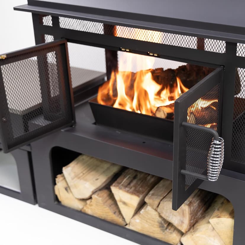 70 Inch Rectangular Outdoor Fireplace - Steel Woodburning Fireplace with Side Tables - Fire Place with Integrated Log Storage and Log Poker - Durable Fireplace for Patio Backyard