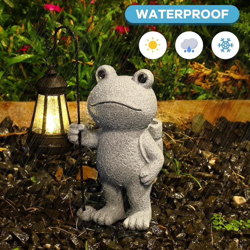 Garden Statue Frog Outdoor Decor, Solar Patio Garden Sculptures & Statues, Resin Garden Decor Gift for Women, Mom, Grandma, Stone
