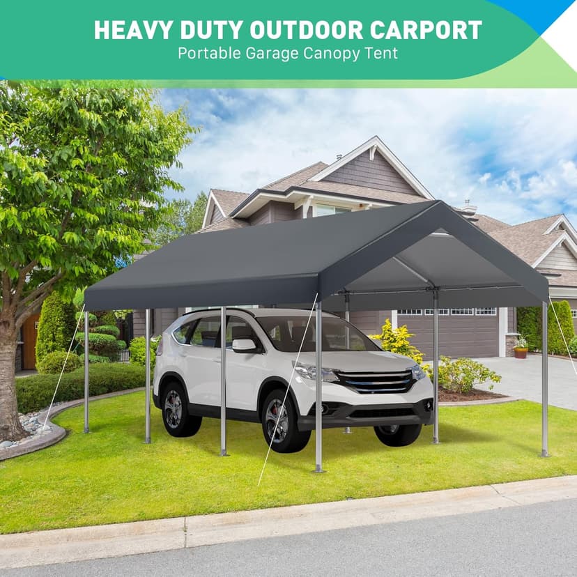 12x20 Ft Heavy Duty Carport, Portable Garage with Doors, Ventilated Windows, Waterproof and UV Resistant Carport Canopy for Cars, Boats, Suvs, Gray