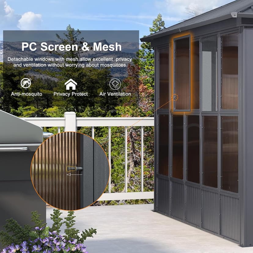 PURPLE LEAF 12' X 20' Sunroom Permanent Hardtop Gazebo Solarium Galvanized Steel Double Roof Aluminum Outdoor Screen House for Patio Deck Backyard Grey