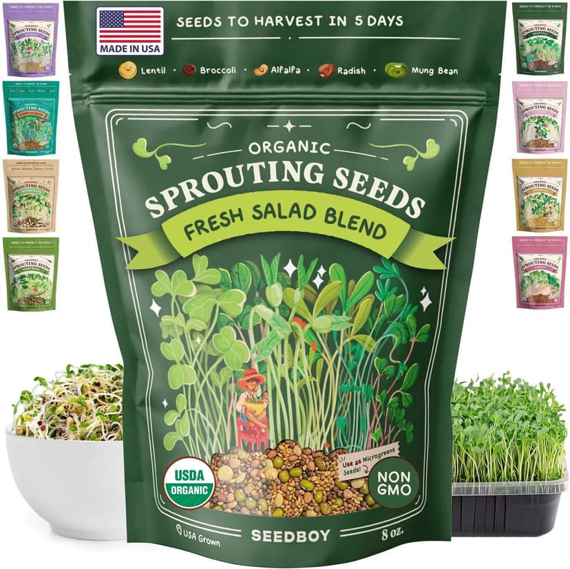 Organic Sprouting Seeds - Salad Blend Variety- Non-GMO, USA Grown Microgreens Mix - Alfalfa, Broccoli, Radish, Mung Bean, Lentil - Makes 8 Quarts of Sprouts, 24 Servings (8 oz) (Salad Blend)