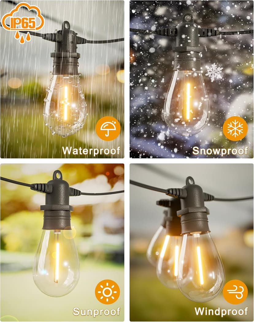 60FT LED Outdoor String Lights with 16+1 Edison Shatterproof IP65 Waterproof Bulbs, 2700K Dimmable Commercial Grade Patio Lights for Garden, Porch, Deck Decor