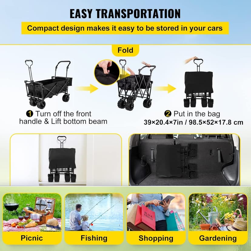 Happbuy Extra Large Collapsible Garden Cart with Removable Canopy, Folding Wagon Utility Carts with Wheels and Rear Storage, Wagon Cart for Garden, Camping, Grocery Cart, Shopping Cart, Black