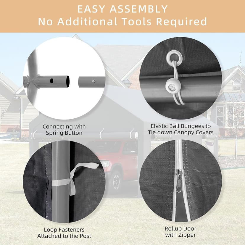 JY QAQA Carport, 12x20 FT Heavy Duty Carport with Removable Side Walls and Doors, Portable Garage with Roll-Up Window and Sandbags, Car Canopy with All-Season Tarp for Cars, Trucks, Boats, Gray