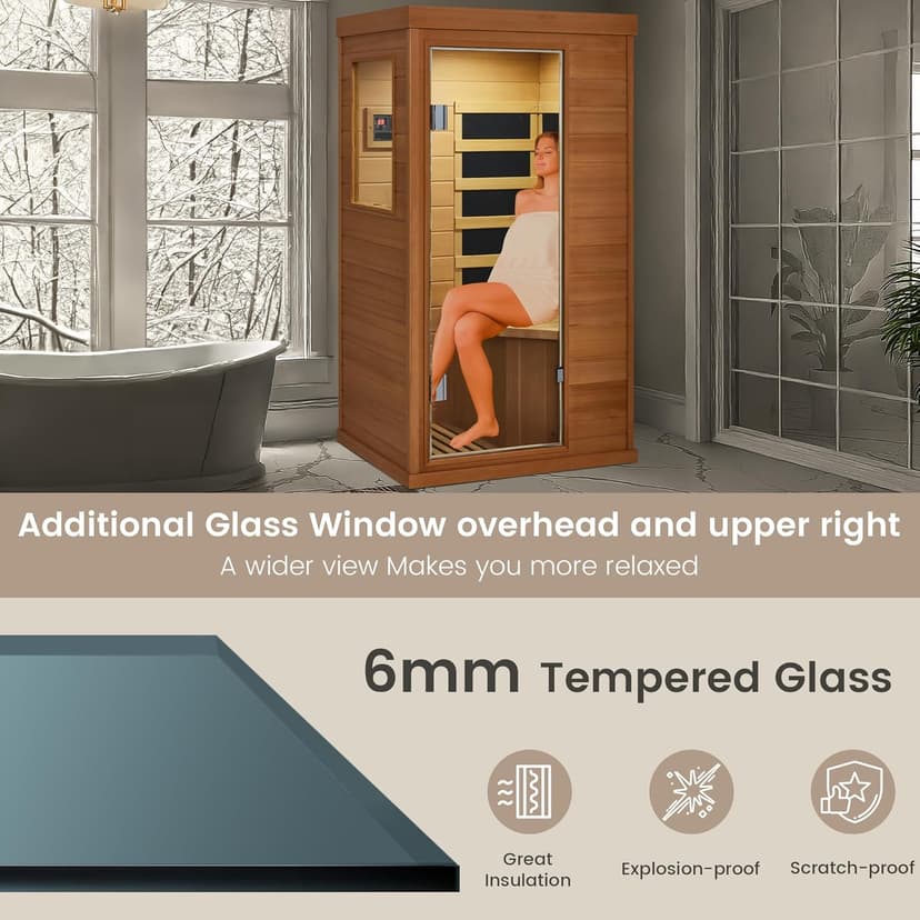 1 Person Infrared Sauna, Full Spectrum Mini Sauna for Home, Indoor Dry Sauna with 4 Heater Panels, Bluetooth Speaker, Tempered Glass Door, Compact and Easy to Use, 110V