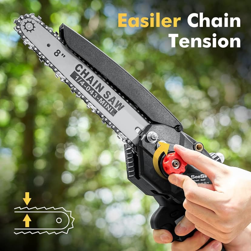 Seesii Mini Chainsaw 8 inch DL07, Electric Chainsaw Cordless, Upgraded Brushless Chain saw with Auto Oiler, 2pcs 2000mAh Batteries, Battery Powered Saws Handheld Chain Saw for Tree Branch Wood Cutting