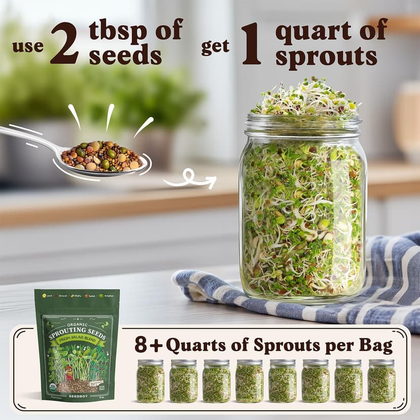 Organic Sprouting Seeds - Salad Blend Variety- Non-GMO, USA Grown Microgreens Mix - Alfalfa, Broccoli, Radish, Mung Bean, Lentil - Makes 8 Quarts of Sprouts, 24 Servings (8 oz) (Salad Blend)