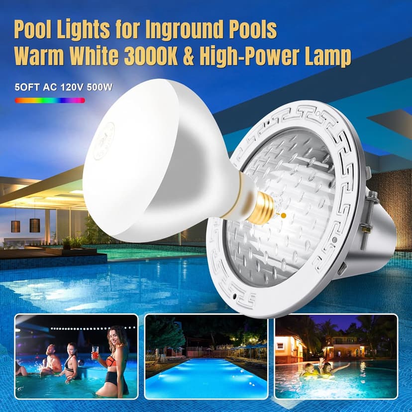 120V 10-Inch Pool Light for Inground Pools, IP68 Waterproof Pool Lights, Includes 2 x 500W Incandescent Bulbs, 50ft Cord - Direct Replacement Pentair EC602168, Fits 10'' Pool Niche