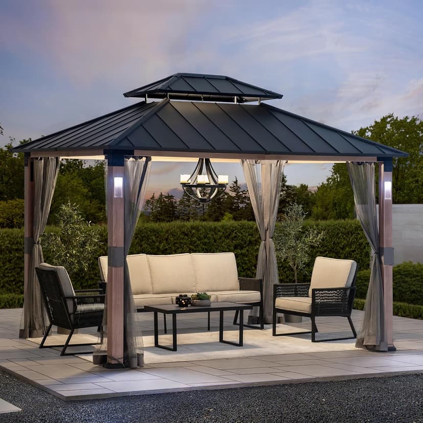 Sunjoy Hardtop Gazebo 10 x 12 ft. Outdoor Patio Gazebo with LED Lights (Batteries Operated), Remote Control and Netting, Black