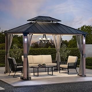 Sunjoy Hardtop Gazebo 10 x 12 ft. Outdoor Patio Gazebo with LED Lights (Batteries Operated), Remote Control and Netting, Black