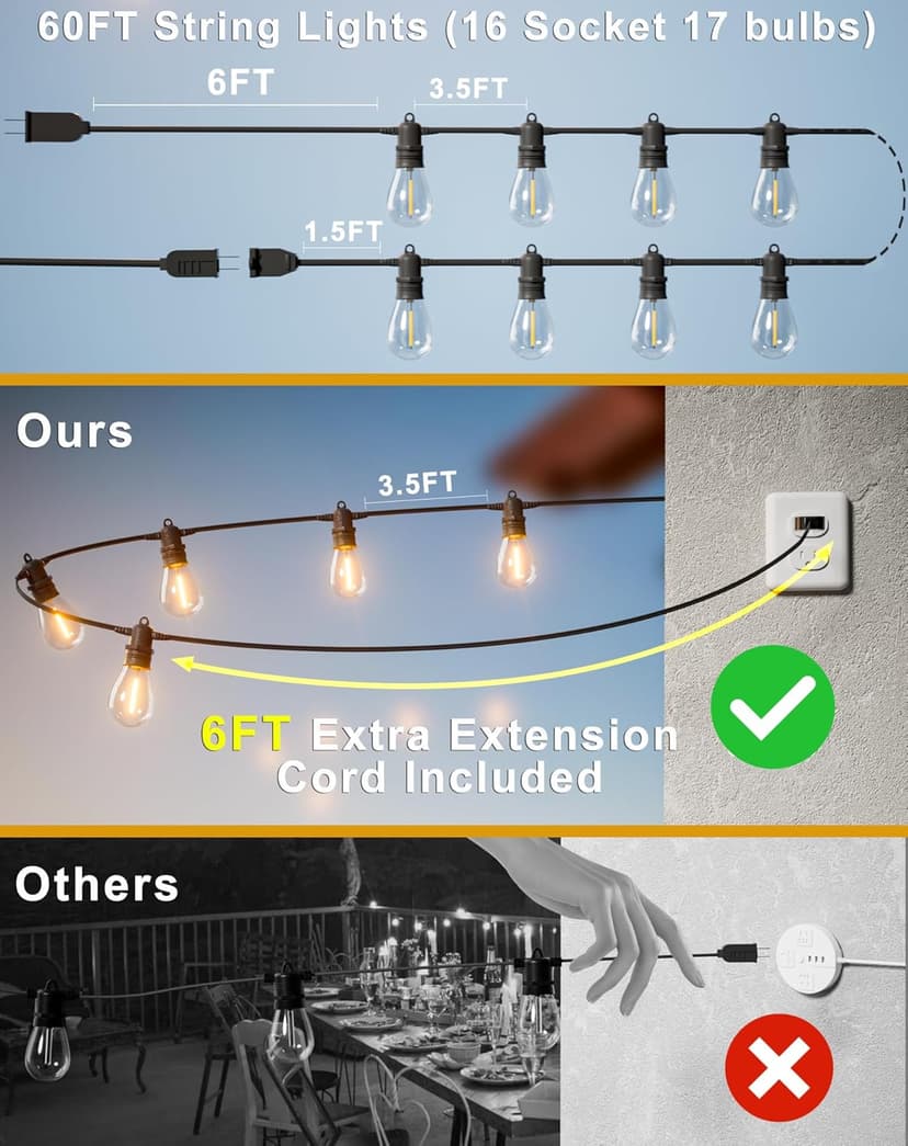 60FT LED Outdoor String Lights with 16+1 Edison Shatterproof IP65 Waterproof Bulbs, 2700K Dimmable Commercial Grade Patio Lights for Garden, Porch, Deck Decor