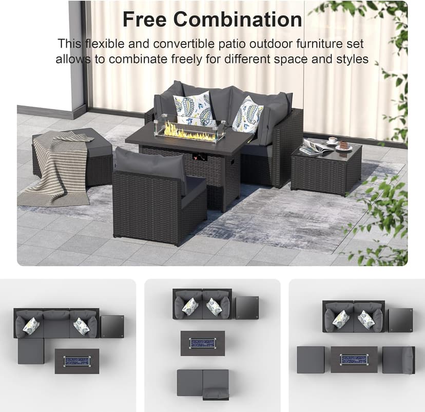 Patio Furniture Set with Fire Pit Table, 6PCS Outdoor Conversation Sets Waterproof Rattan Sectional Sofa with 4” Thickened Cushion Modular Wicker Patio Furniture Set with Glass Top Table (Grey)