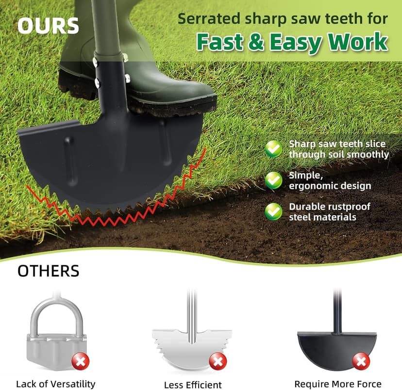 Half Moon Edger Lawn Tool - Heavy Duty Saw Tooth Manual Edgers with Sharp Blade & Wide Footplate, 38"-49" Adjustable T-Grip Handle for Landscaping, Sidewalks, Yard,Grass,Flower Bed & Garden Edging