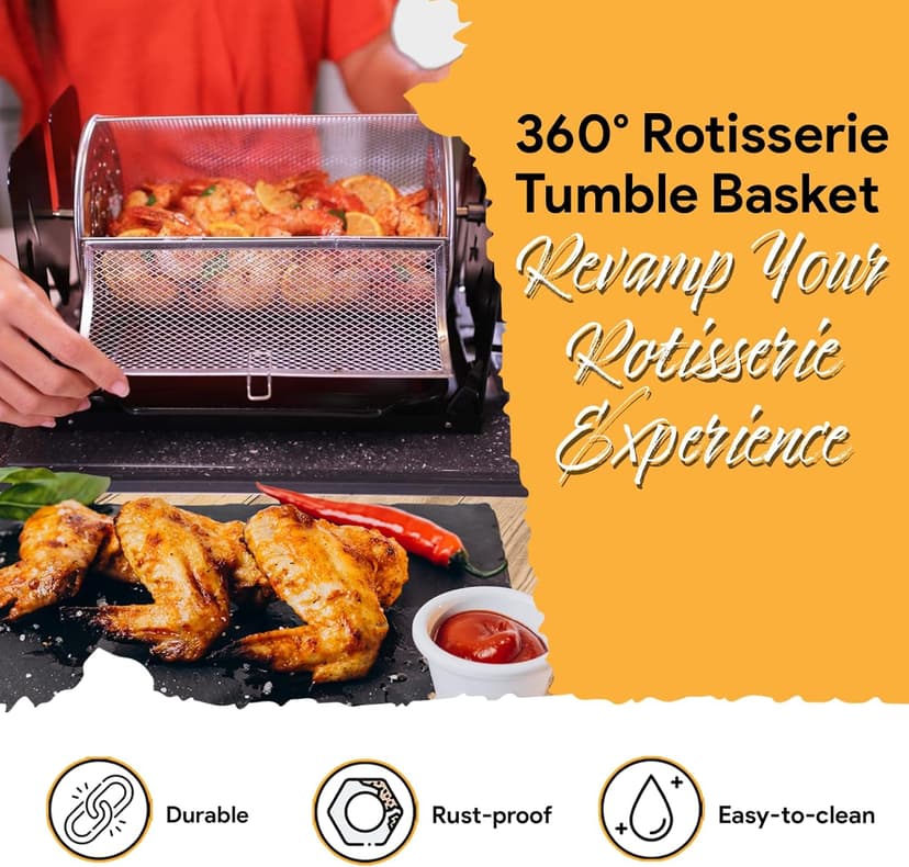 Family Bundle Rotisserie Kit - Non-Electric Wind-Up Spit Roaster with Rotisserie Basket, Flat Cage, Skewer Set, and Cooking Mat for Grills, Ovens, and Smokers - Indoor & Outdoor BBQ Use