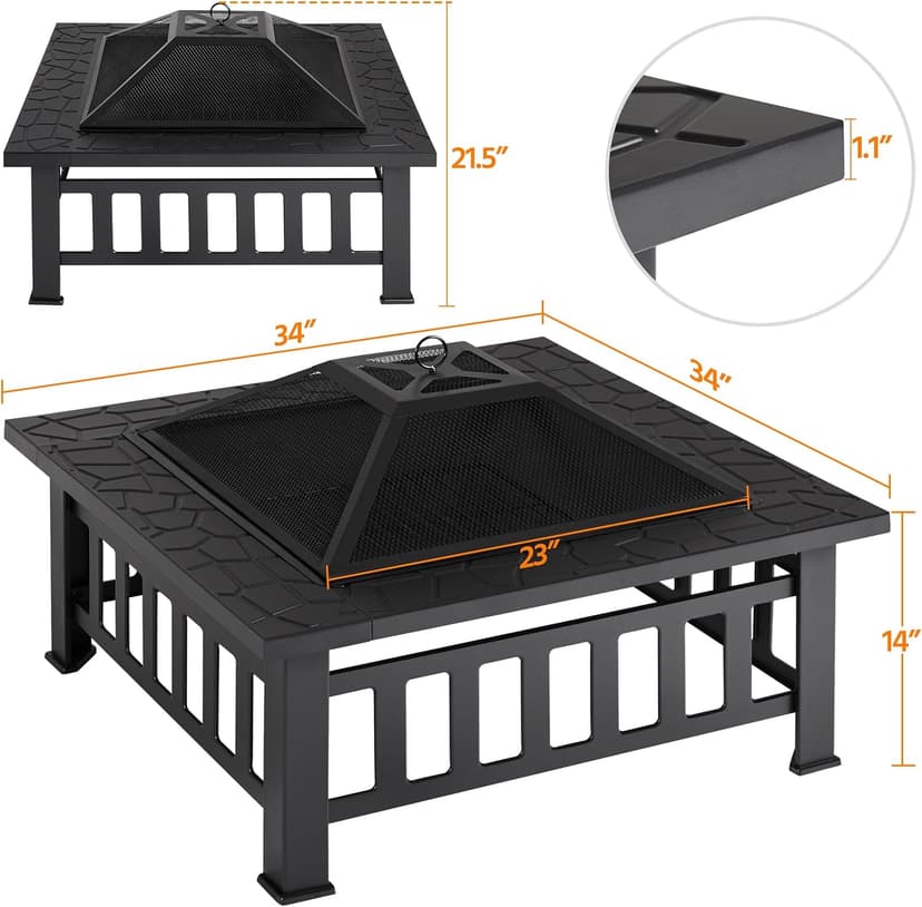 Yaheetech 34in Fire Pit Table Outdoor Wood Fire Pits Fire Pits for Outside Patio Square Steel Stove with Mesh Screen, Waterproof Cover & Poker for Bonfire Camping