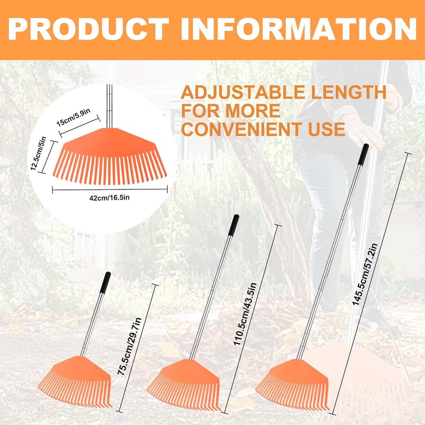 Garden Lawn Rake Sturdy Non-Slip 25 Plastic Tines 57.2 INCH Long Adjustable Handle for Yard Leaf Collecting Women Kids Rake for Gardening RV Camping