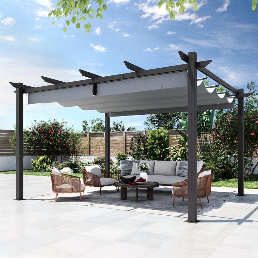 EROMMY Outdoor Retractable Pergola 10' x 13', Outdoor Aluminum Freestanding Shelter with Adjustable Sun Shade Canpoy for Patios, Dark Gray