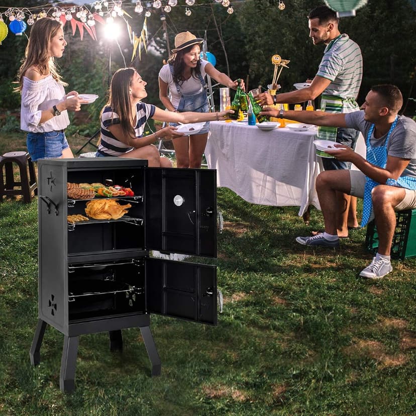 DORTALA Vertical Charcoal Smoker, Outdoors Charcoal Barbeque, Smoked Carbon Oven, Iron Structure, w/Two Chrome-plated Nets, Two Charcoal Pots, Suitable for Lawn Picnic, Backyard BBQ (Black)