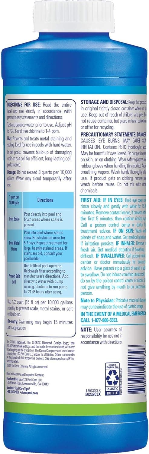 Clorox® Pool&Spa™ Swimming Pool Scale, Metal & Stain Control, Prevents Metal Stains and Scale Formation, Removes Metal Stains, 1 Quart (Pack of 1)