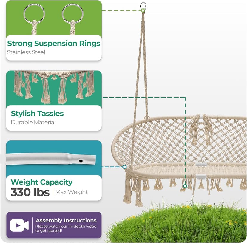 Sorbus Hammock Chair Macrame Hanging Swing Bench, Perfect for Indoor, Outdoor, Teens Girl Bedroom, Home, Room, Patio, Deck, Yard, Garden, Knitted Floating Swinging Bench, (Double Swing)