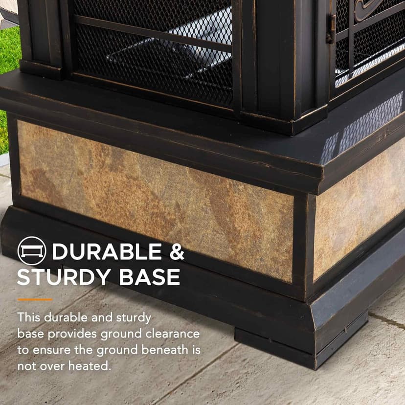 Sunjoy Outdoor Fireplace, Smith Collection Patio Wood Burning Steel Fireplace with Chimney, Spark Screen, Fire Poker, and Removable Grate, Copper with Yellow Tile