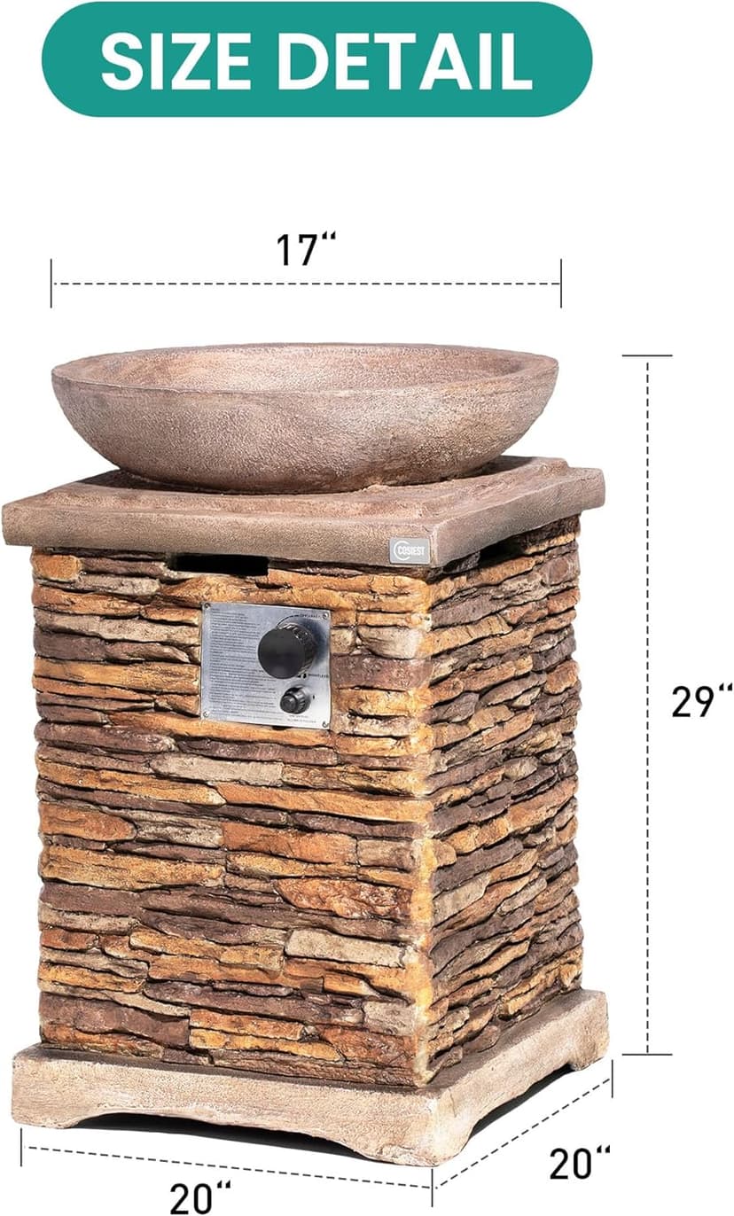 SUNBURY Outdoor Propane Fire Pit, Gas Fire Pit for Outside Patio, Stone Outdoor Fire Table Fire Column 40,000 BTU Propane Fire Tables Firepit Table w Lava Rocks, CSA Certified, Waterproof Cover
