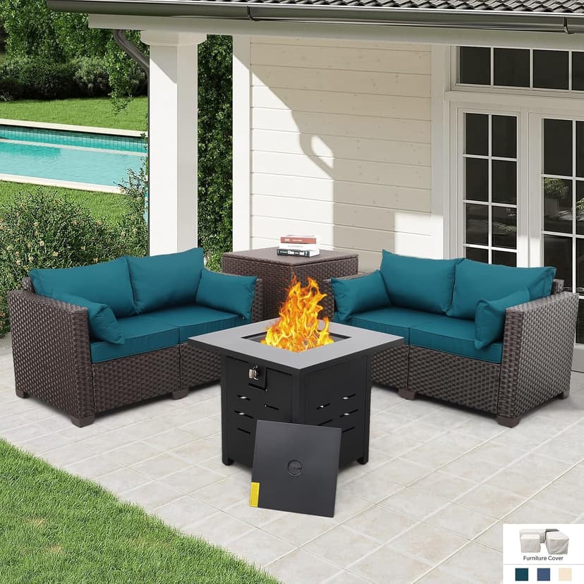 Outdoor Furniture Set 4 Piece Patio Furniture Set Patio Loveseat 50000 BTU Propane Fire Pit Storage Box with Non-Slip Cushions and Waterproof Covers, Peacock Blue