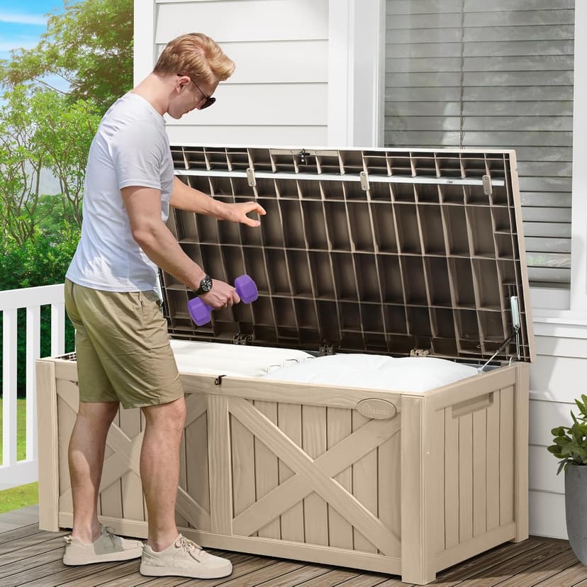 YITAHOME 120 Gallon Large Deck Box, Upgraded Resin Outdoor Storage Boxes w/Flexible Divider, Waterproof Cushion Storage Bench for Patio Furniture, Pool Supplies, Garden Tools - Lockable, Light Brown