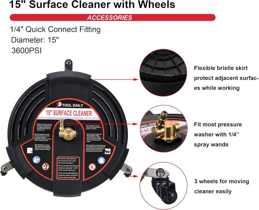 Tool Daily 15 Inch Pressure Washer Surface Cleaner Attachment with Wheels, with 2 Power Washer Extension Wands and 2 Replacement Nozzles, 3600 PSI, Black