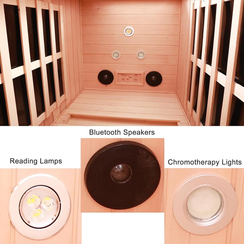 Ceramic 1 Person Infrared Sauna Far Infrared Saunas for Home Hemlock Wood Indoor Sauna Room 2 in 1 Sauna with Low EMF Heaters + Ceramic Heating Cube-Chromotherapy-Bluetooth Speaker