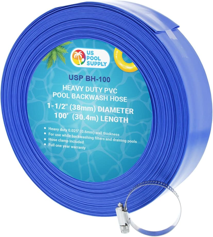 U.S. Pool Supply Pool Backwash Hose 1.5" x 100' - Heavy-Duty Pool Drain Hose, Filter Pump Water Drainage, Sump Pump Discharge, Inground Draining - Flexible Lay Flat, Clamp